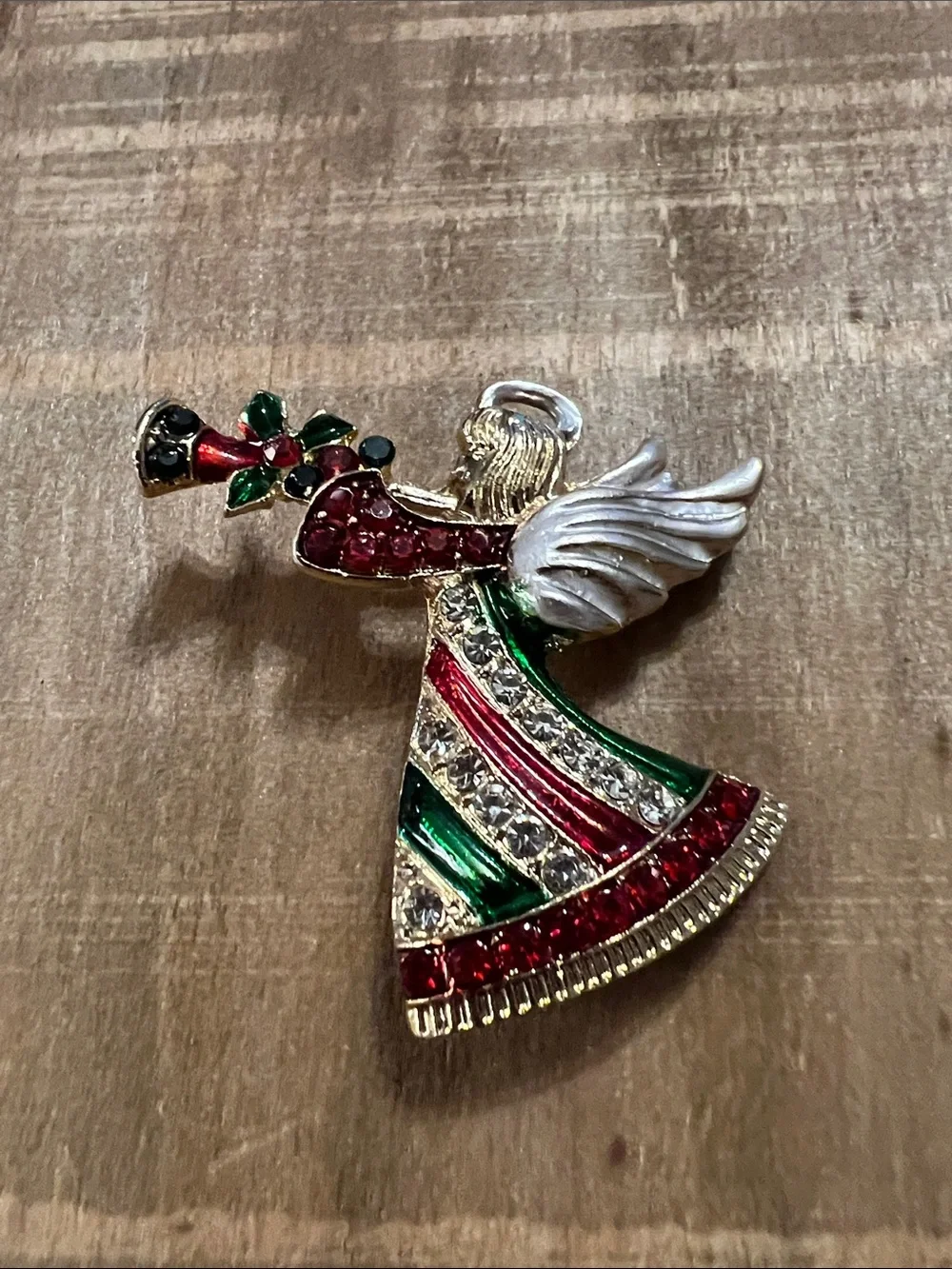 3/$18 Gold-Tone Red & Green Angel Brooch - Holiday Crystal Pin Lot 6075
